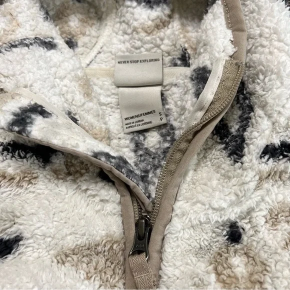 Sherpa pullover sweatshirt v neck zip pockets cream white black tan tribal Small - Picture 3 of 10
